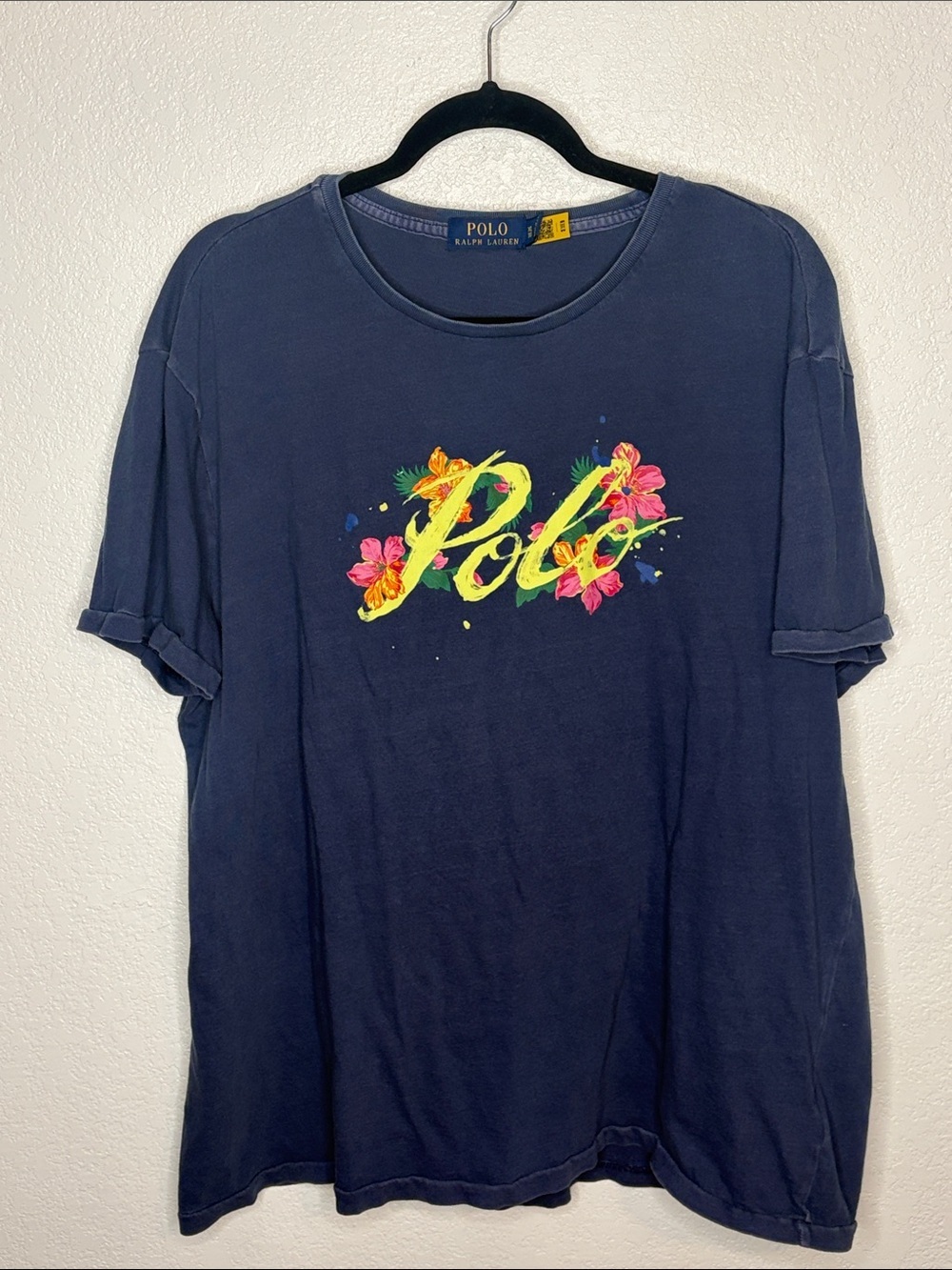 Polo Ralph Lauren Sun Washed Navy Hibiscus Floral Graphic Tee Size XL